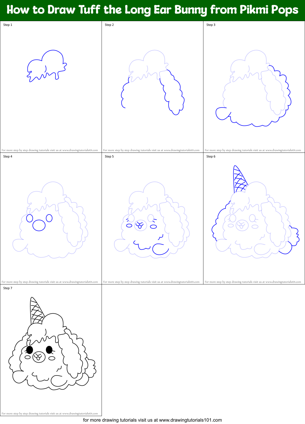 How to Draw Tuff the Long Ear Bunny from Pikmi Pops Printable Step by Step