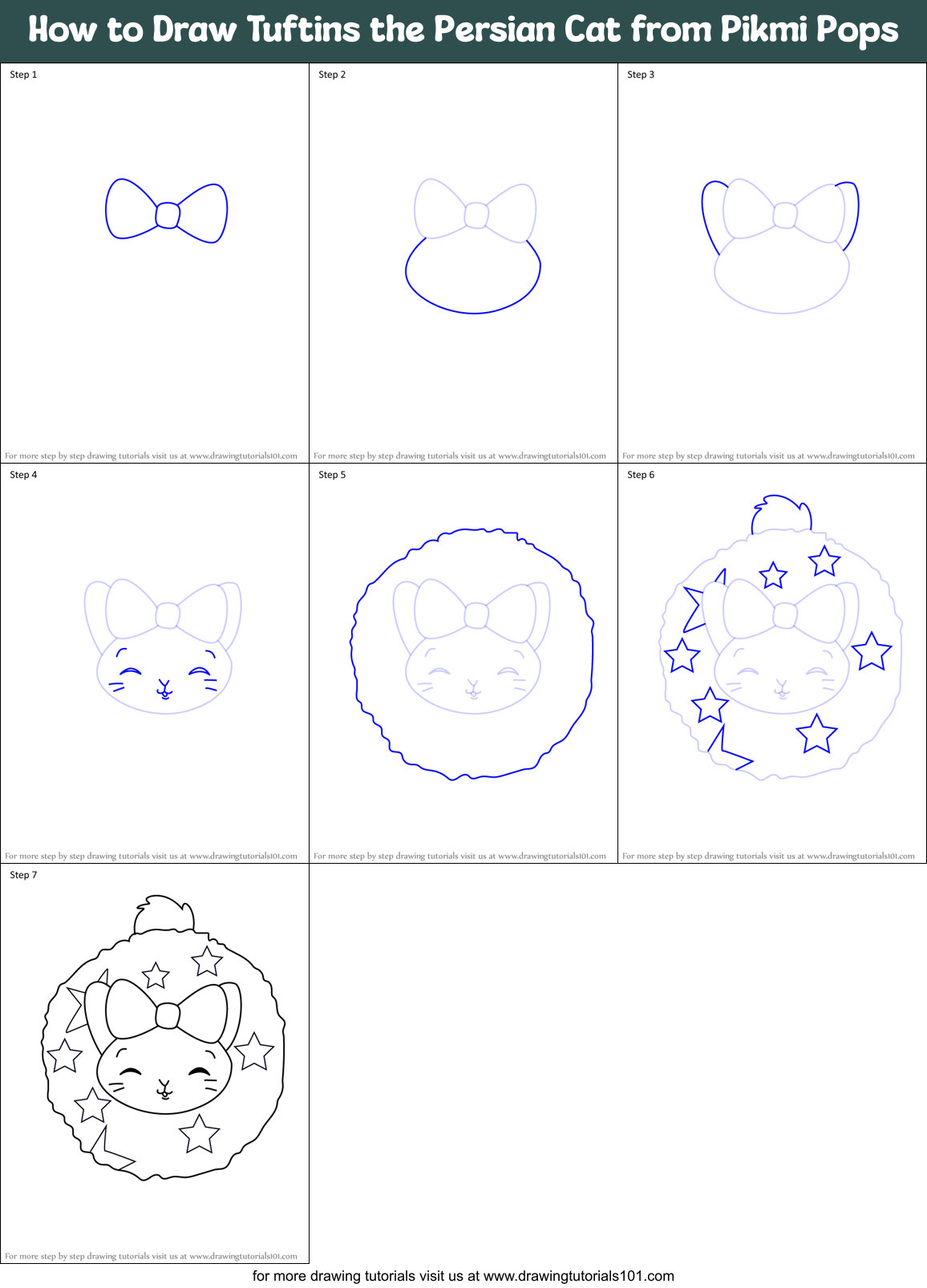 How to Draw Tuftins the Persian Cat from Pikmi Pops Printable Step by Step