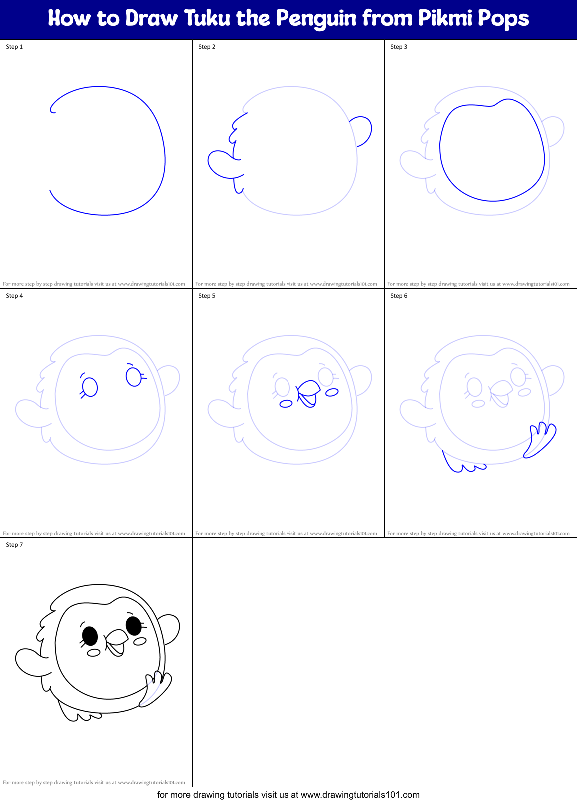 How to Draw Tuku the Penguin from Pikmi Pops Printable Step by Step