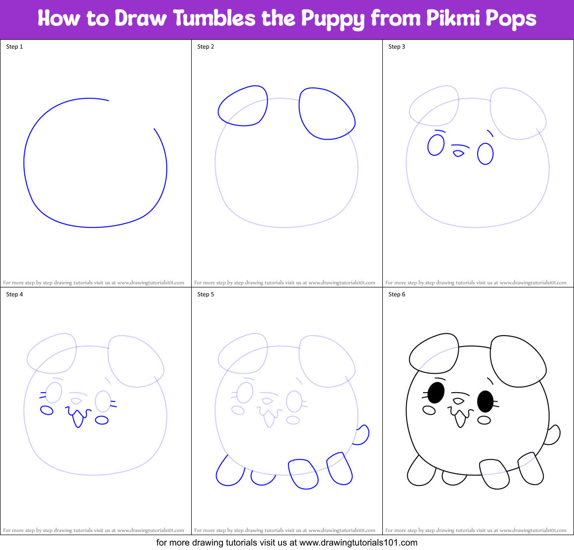How to Draw Tumbles the Puppy from Pikmi Pops Printable Step by Step