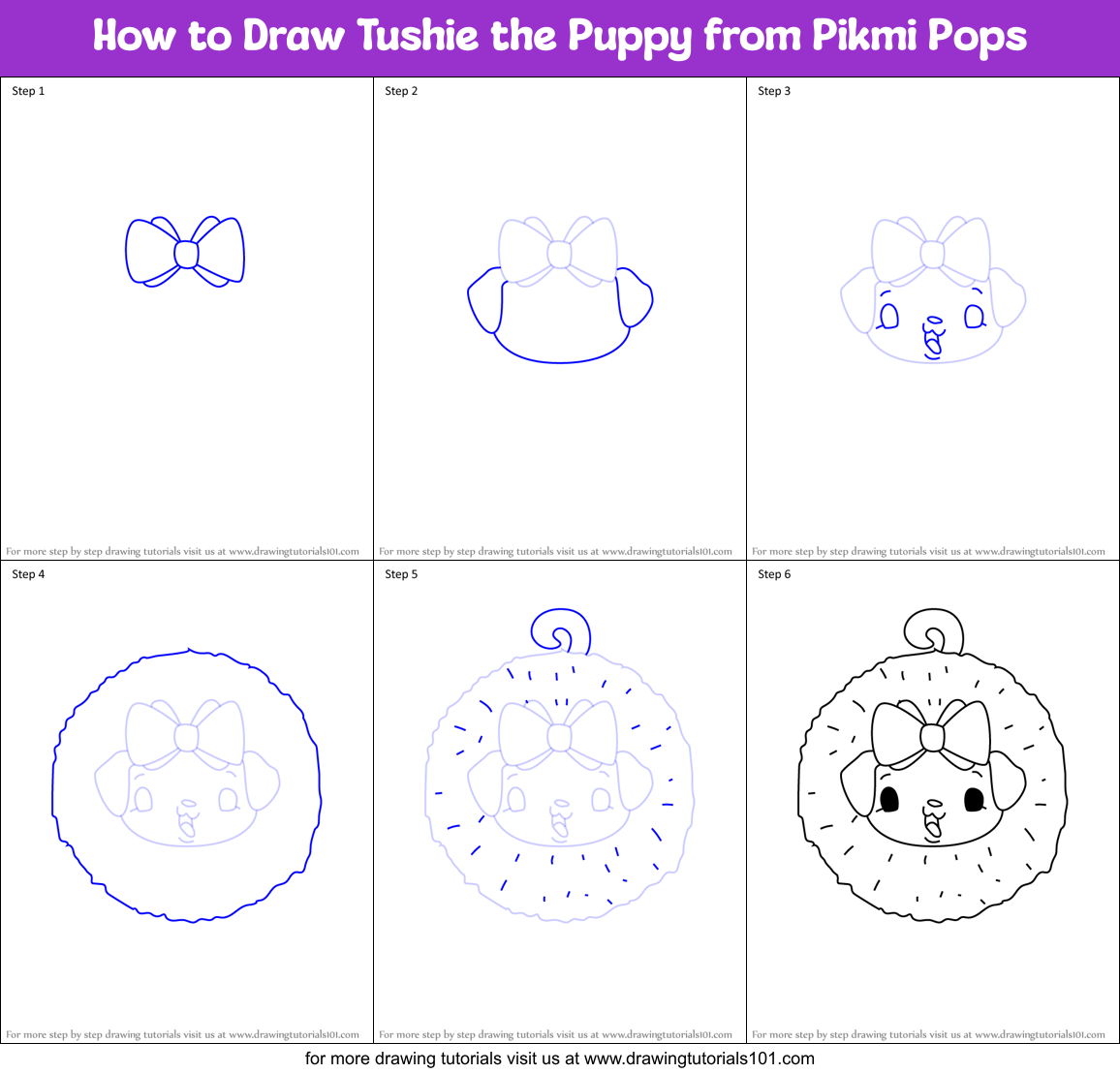 How to Draw Tushie the Puppy from Pikmi Pops Printable Step by Step