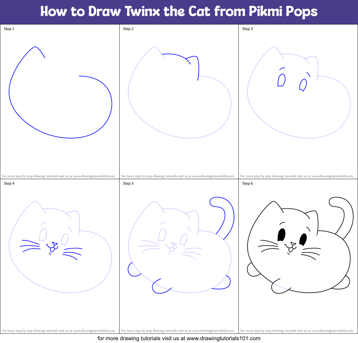 How to Draw Twinx the Cat from Pikmi Pops Printable Step by Step