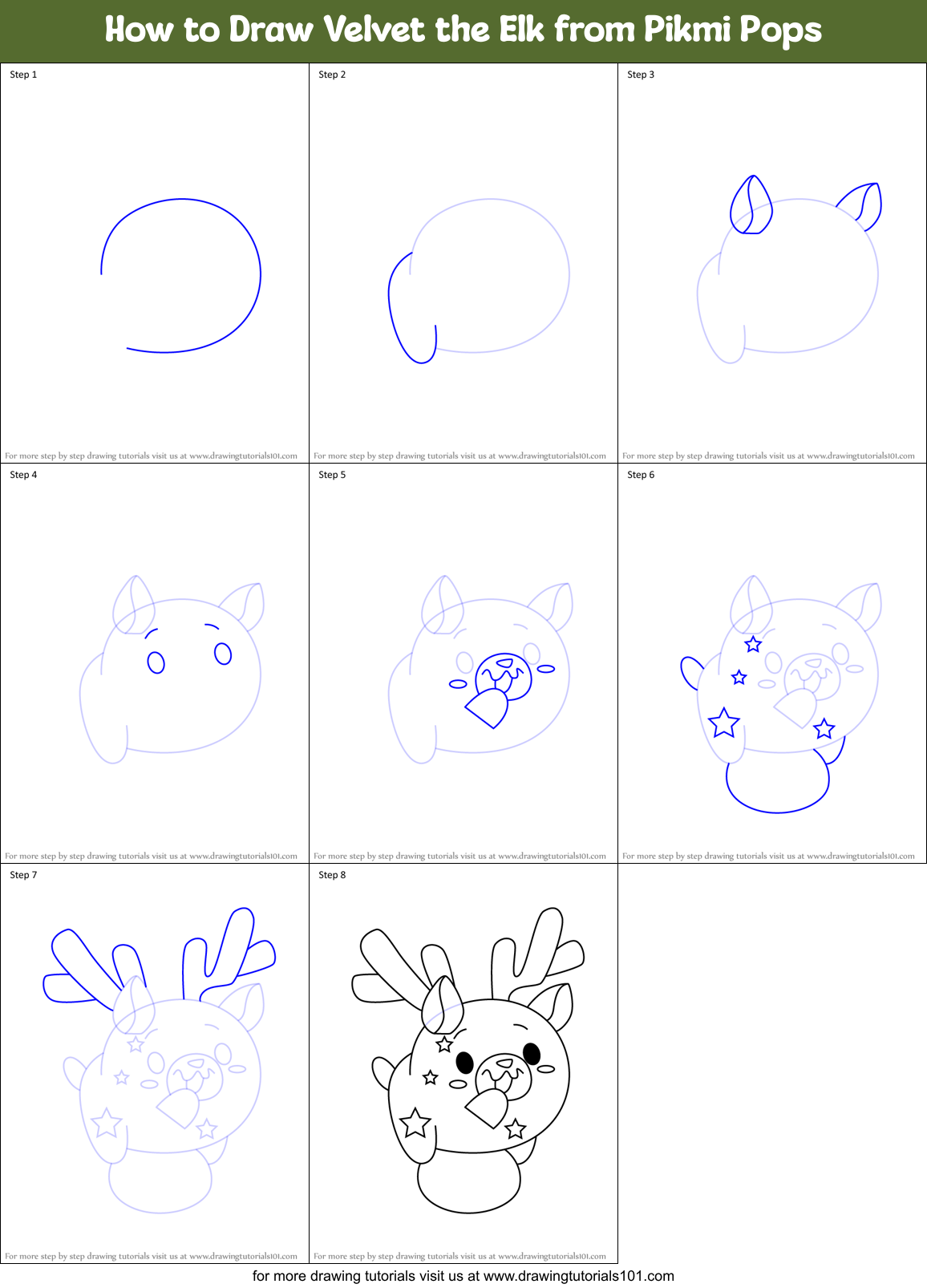 How to Draw Velvet the Elk from Pikmi Pops Printable Step by Step