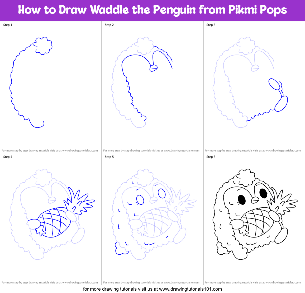 How to Draw Waddle the Penguin from Pikmi Pops Printable Step by Step