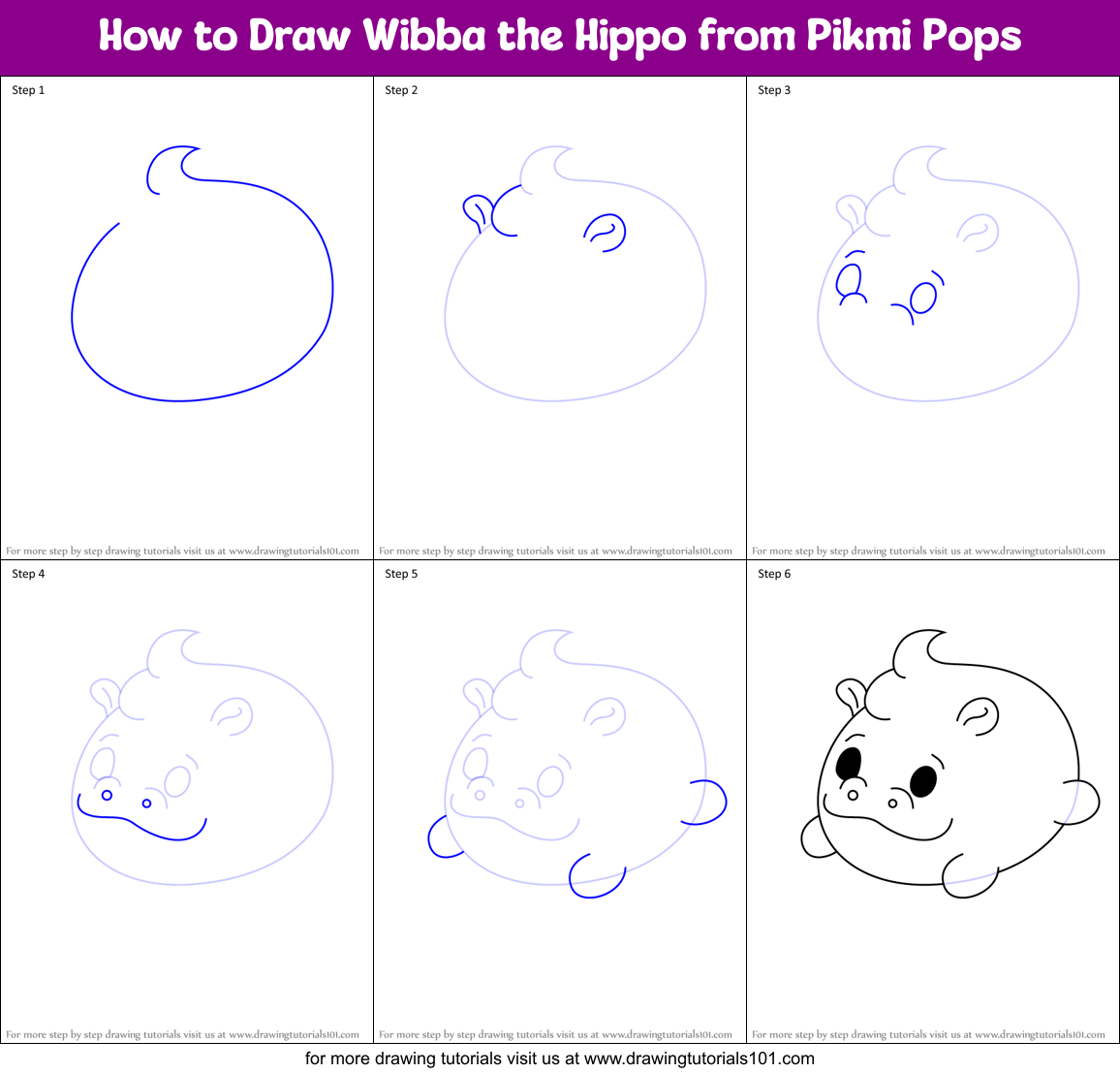 How to Draw Wibba the Hippo from Pikmi Pops Printable Step by Step