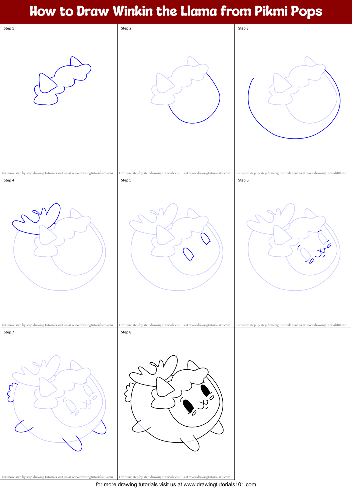 How to Draw Winkin the Llama from Pikmi Pops Printable Step by Step