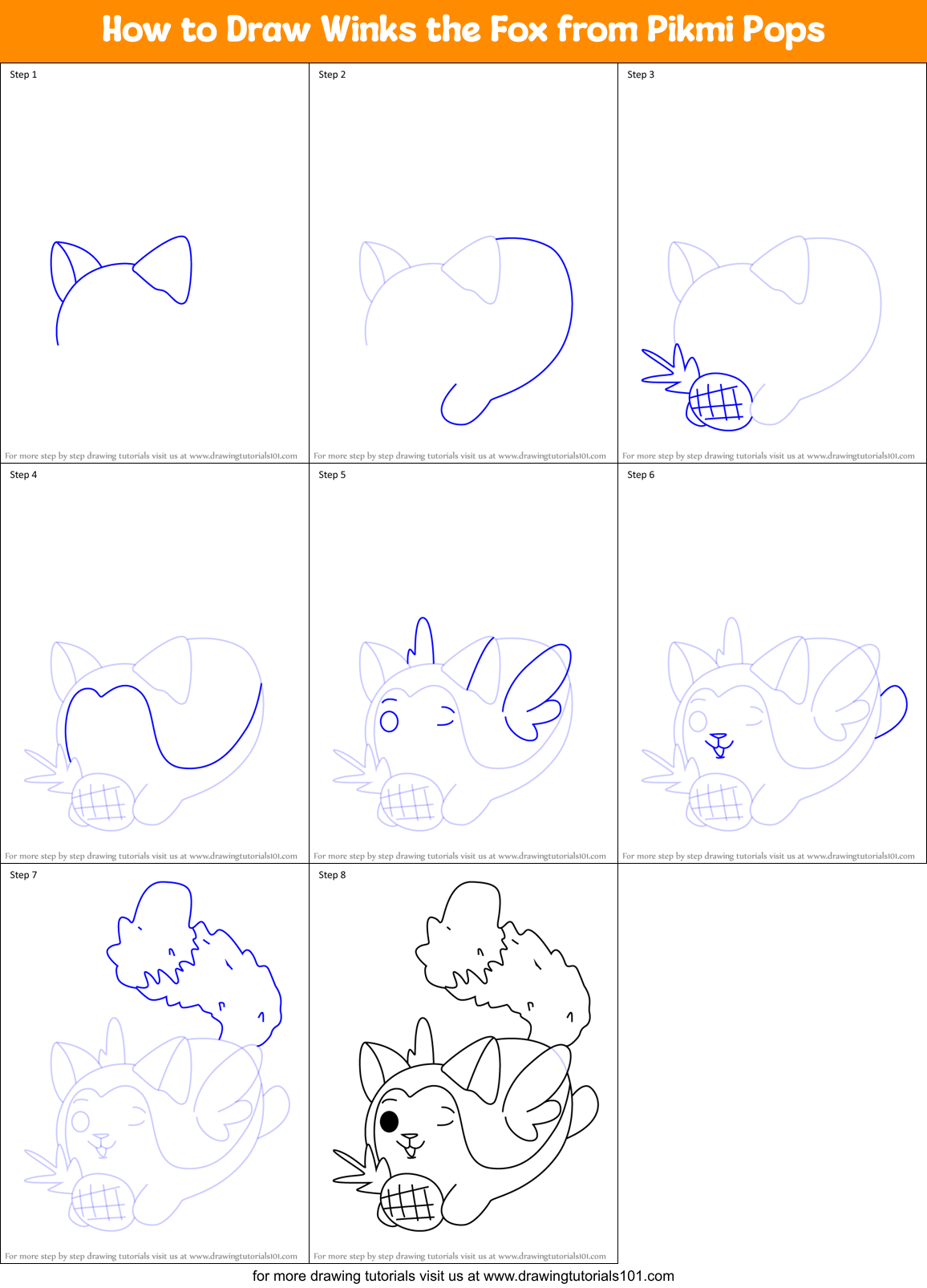 How to Draw Winks the Fox from Pikmi Pops Printable Step by Step