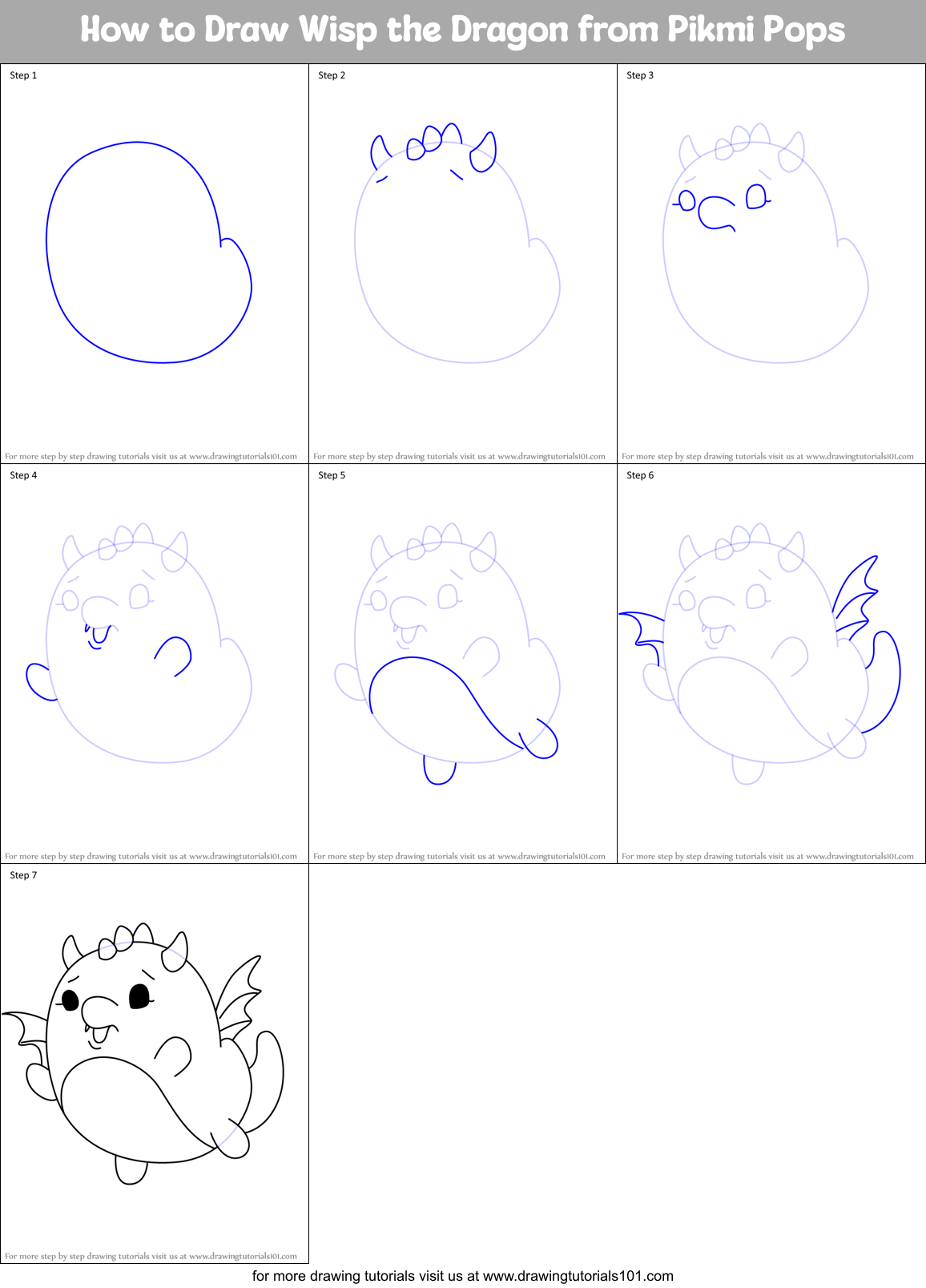 How to Draw Wisp the Dragon from Pikmi Pops Printable Step by Step
