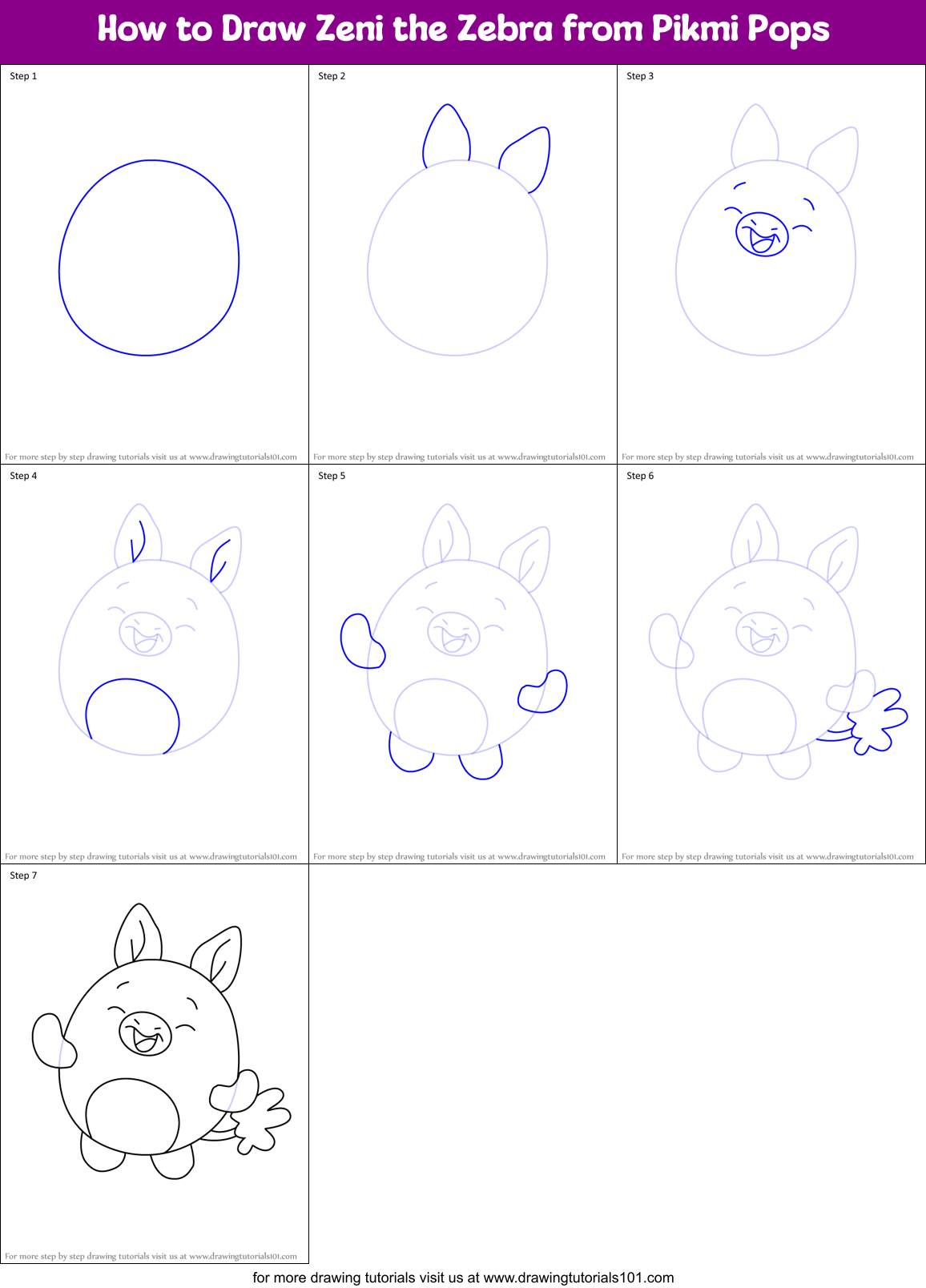 How to Draw Zeni the Zebra from Pikmi Pops Printable Step by Step