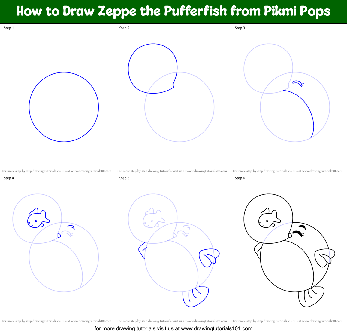How to Draw Zeppe the Pufferfish from Pikmi Pops Printable Step by Step