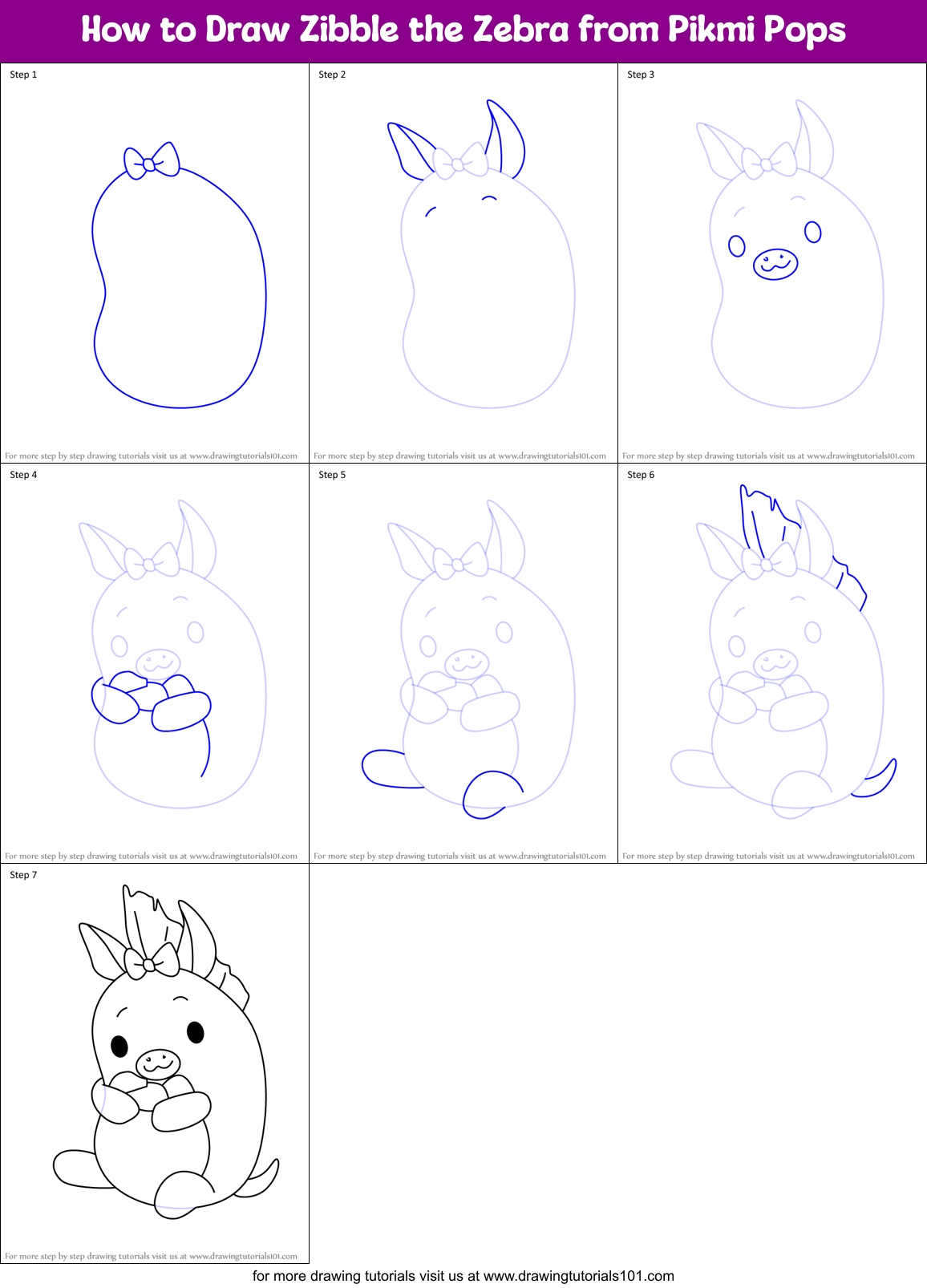 How to Draw Zibble the Zebra from Pikmi Pops Printable Step by Step
