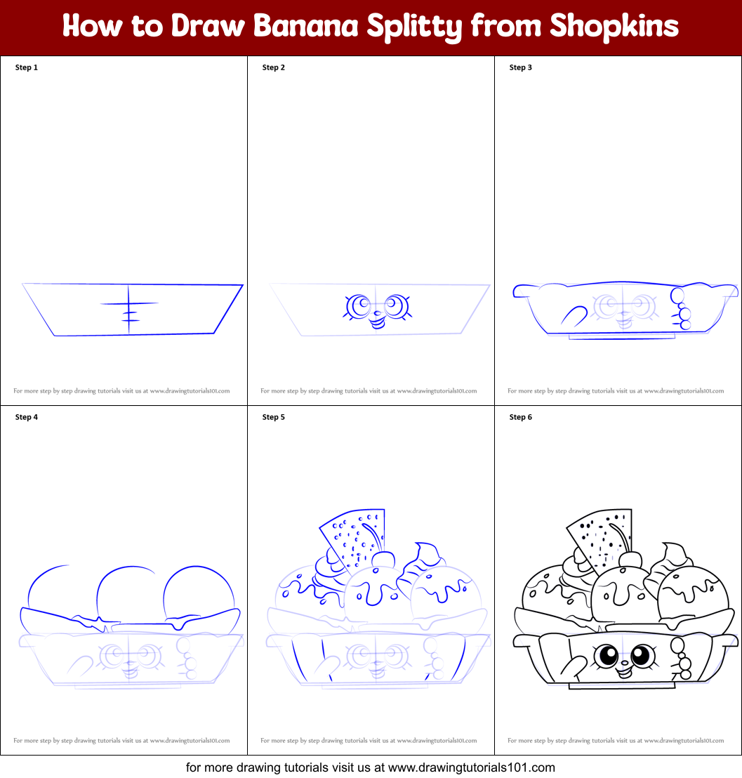 How to Draw Banana Splitty from Shopkins Printable Step by Step