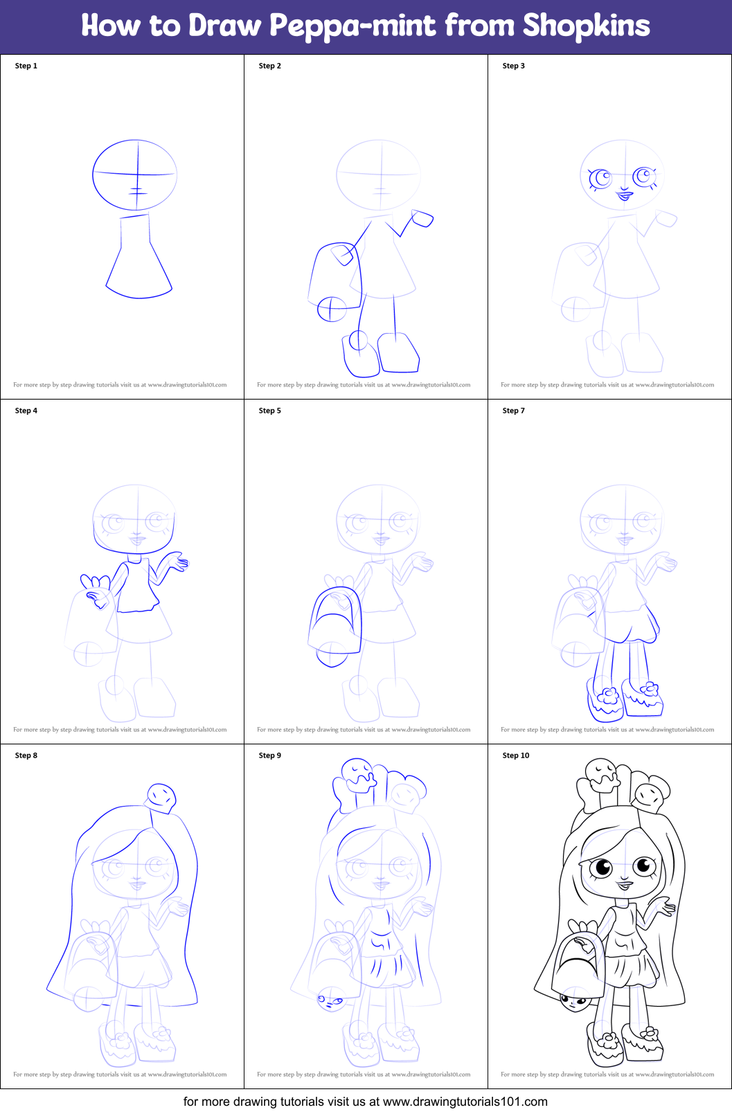 How to Draw Peppa-mint from Shopkins Printable Step by Step