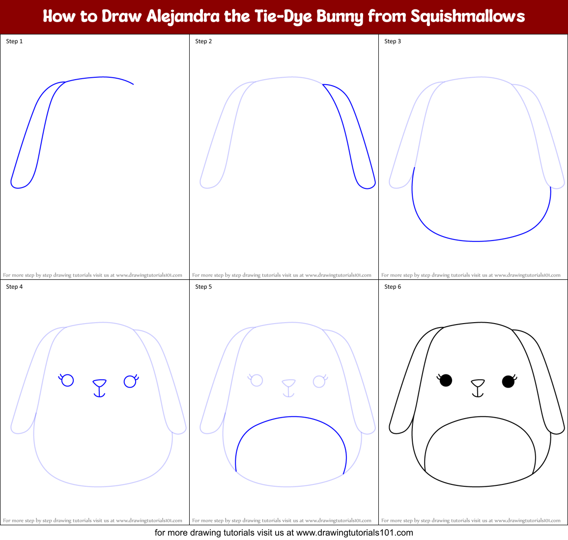 How to Draw Alejandra the Tie-Dye Bunny from Squishmallows Printable Step by Step
