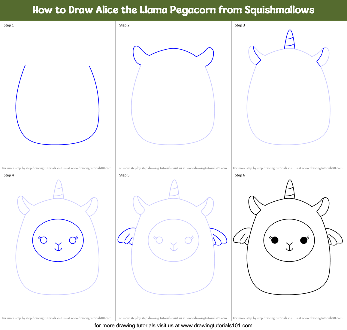 How to Draw Alice the Llama Pegacorn from Squishmallows Printable Step by Step