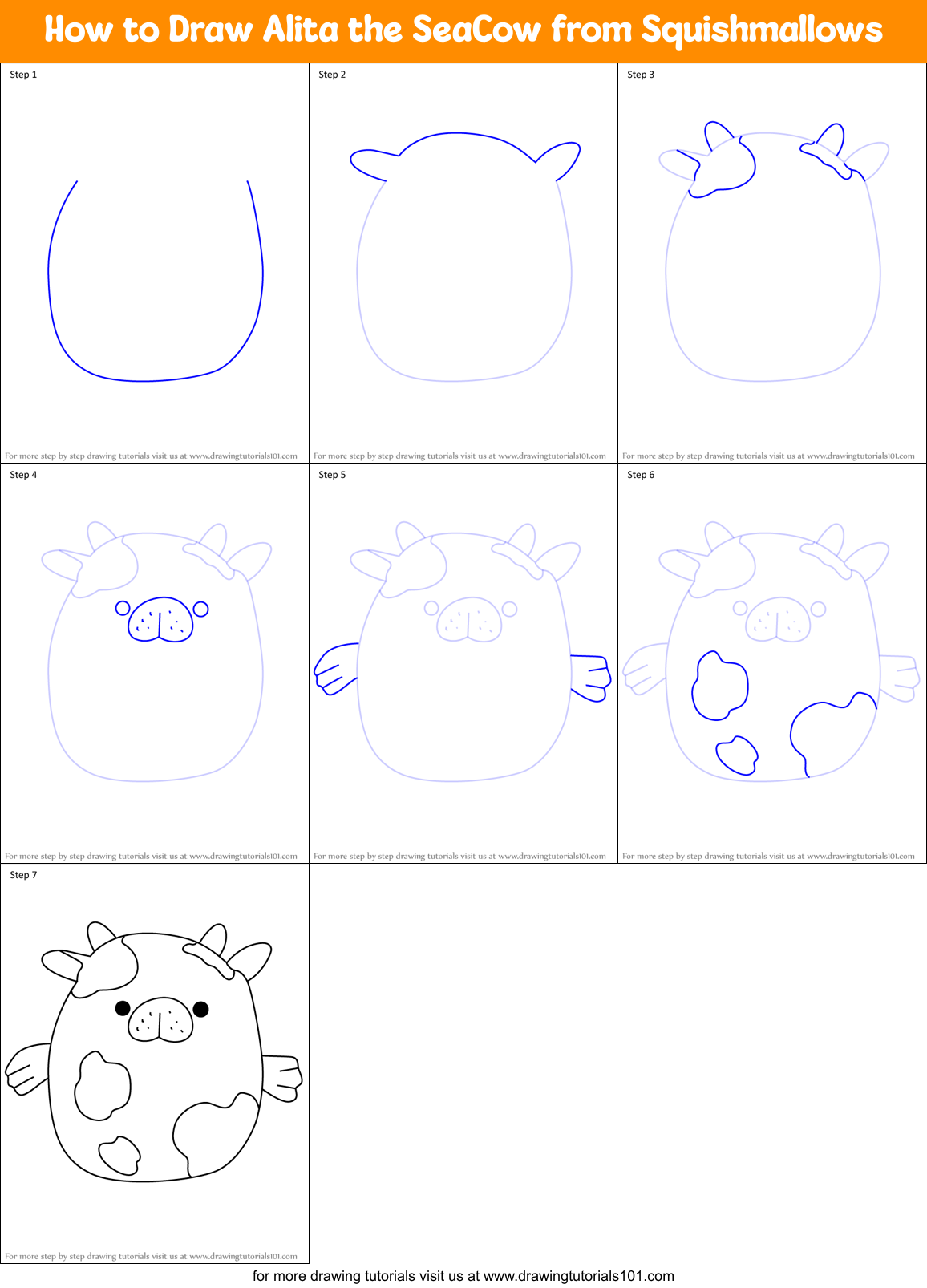 How to Draw Alita the SeaCow from Squishmallows Printable Step by Step