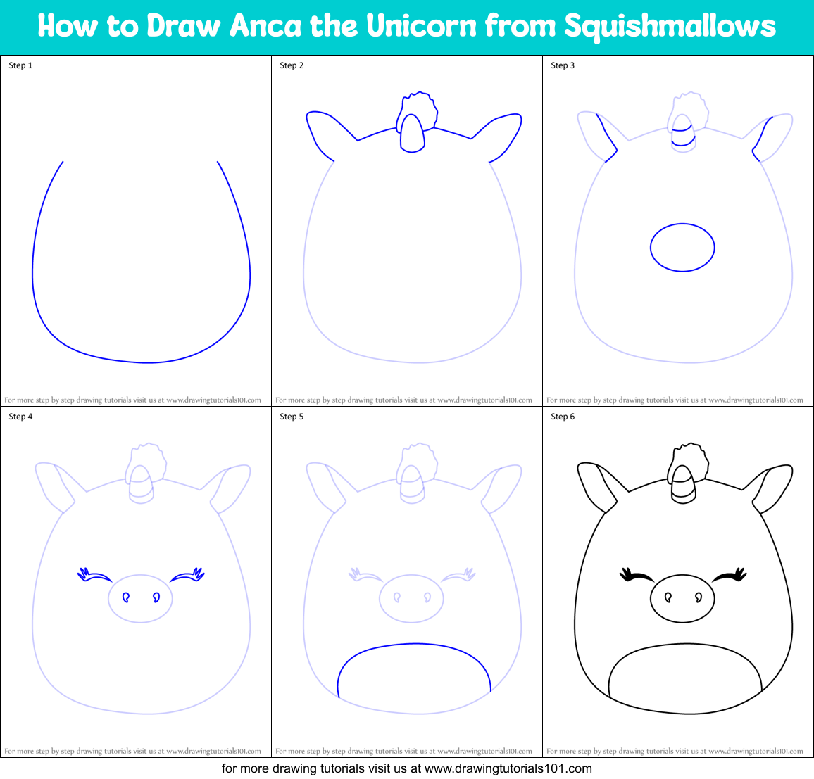 How to Draw Anca the Unicorn from Squishmallows Printable Step by Step