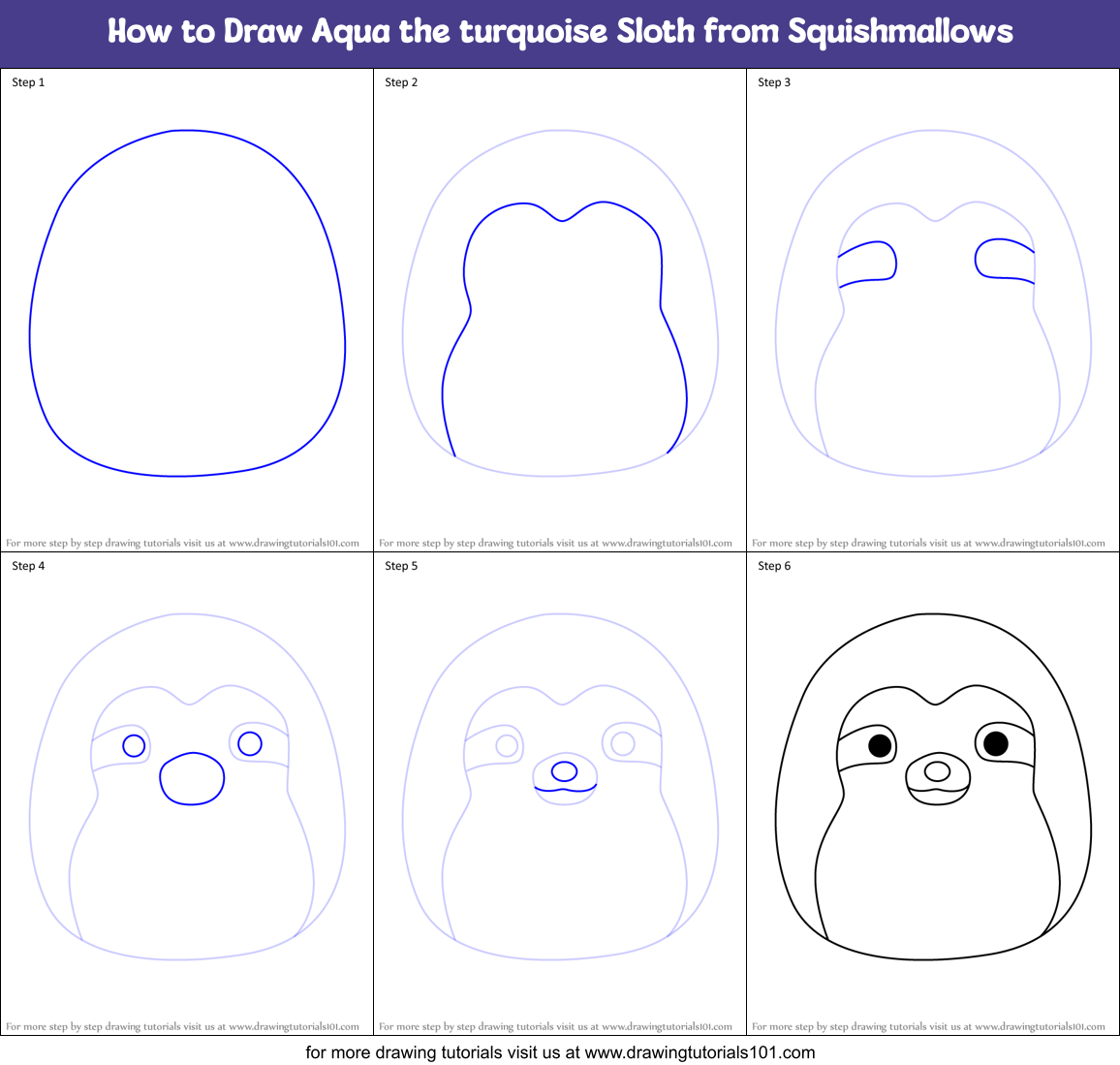 How to Draw Aqua the turquoise Sloth from Squishmallows Printable Step by Step