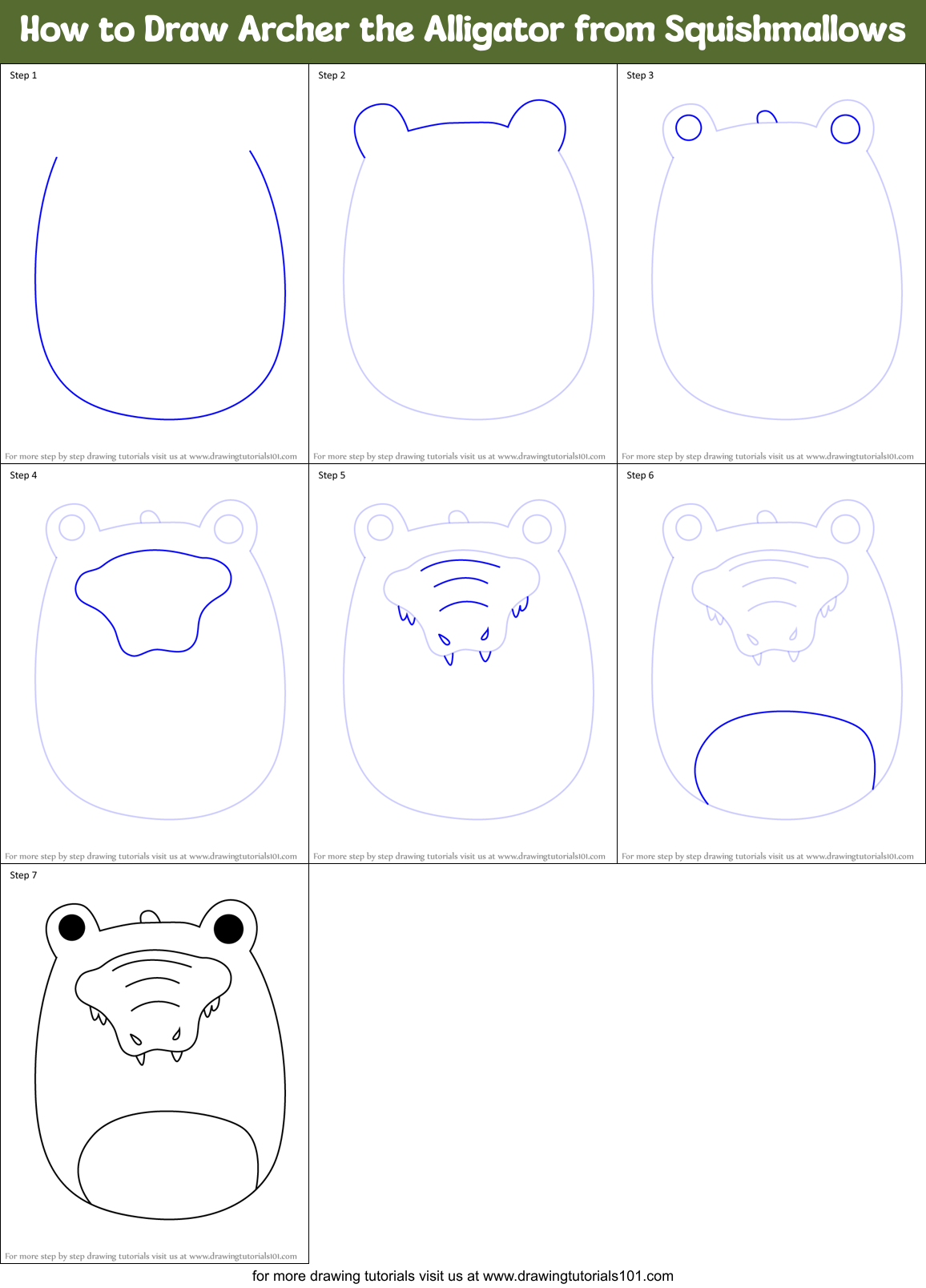 How to Draw Archer the Alligator from Squishmallows Printable Step by Step