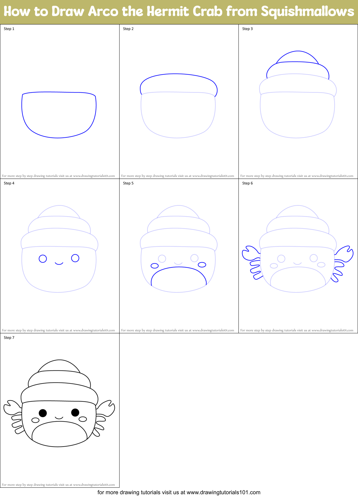 How to Draw Arco the Hermit Crab from Squishmallows Printable Step by Step