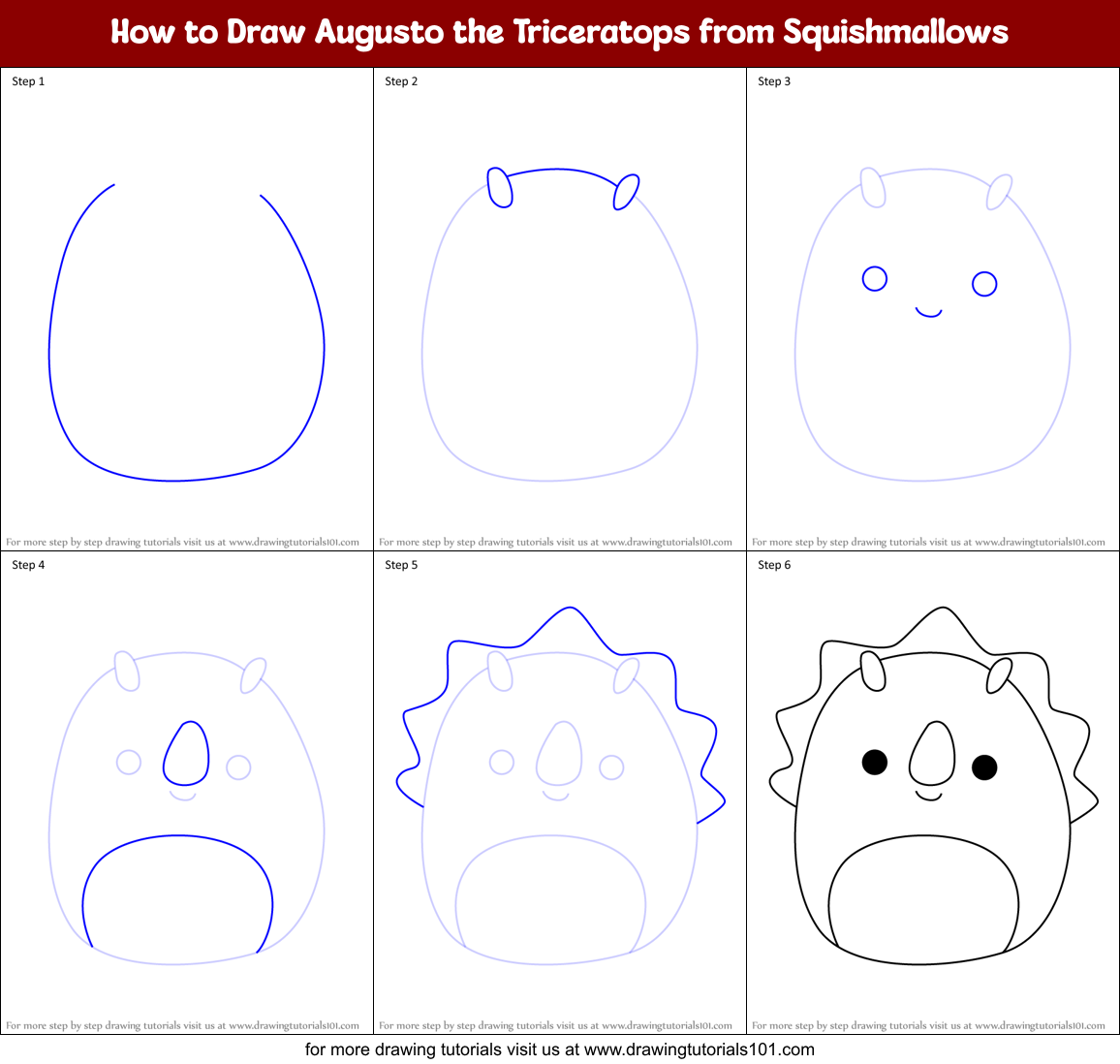 How to Draw Augusto the Triceratops from Squishmallows Printable Step by Step
