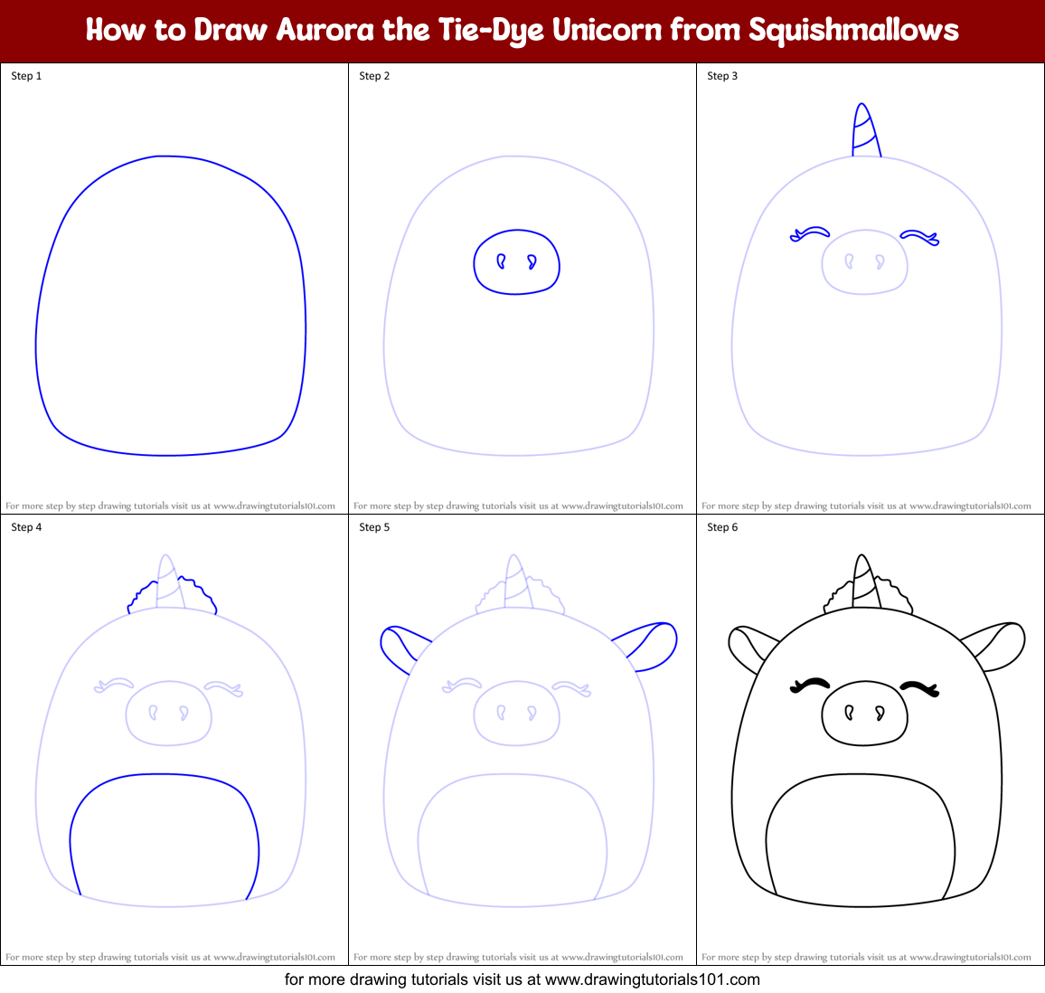 How to Draw Aurora the Tie-Dye Unicorn from Squishmallows Printable Step by Step