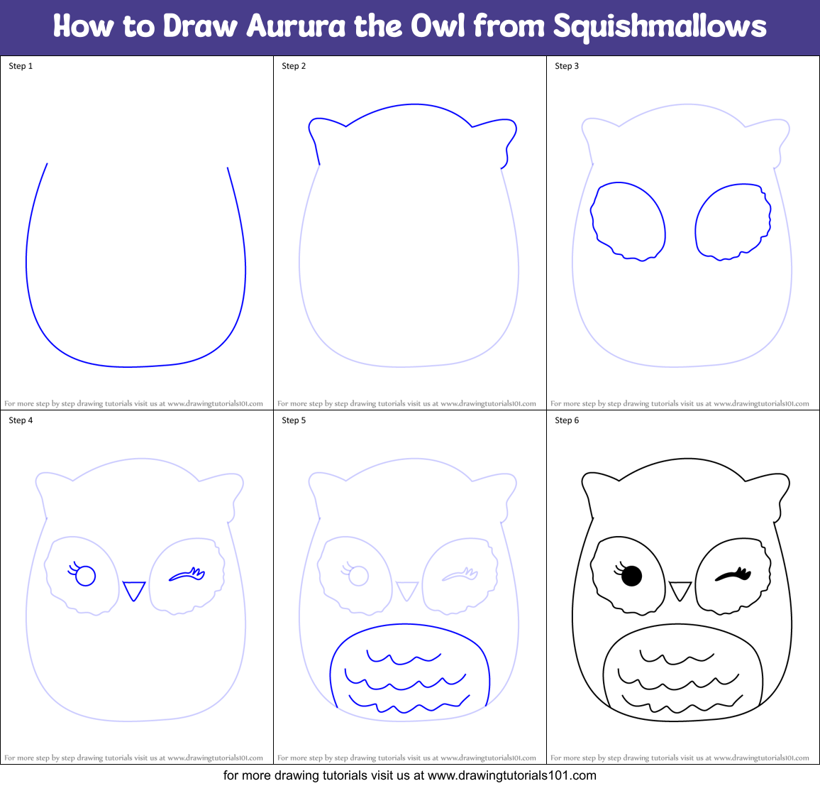 How to Draw Aurura the Owl from Squishmallows Printable Step by Step