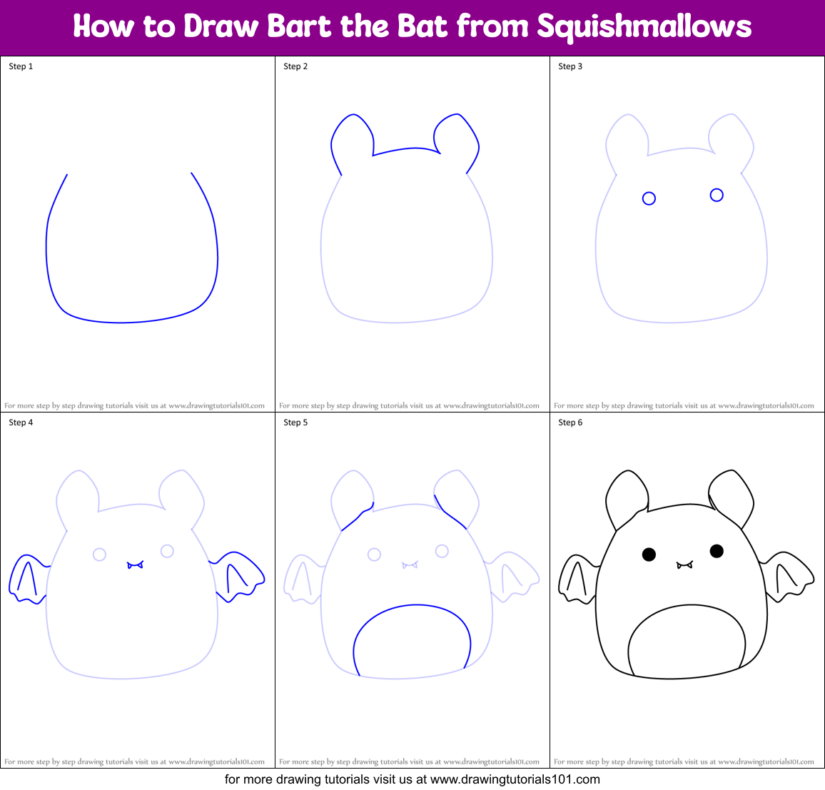 How to Draw Bart the Bat from Squishmallows Printable Step by Step