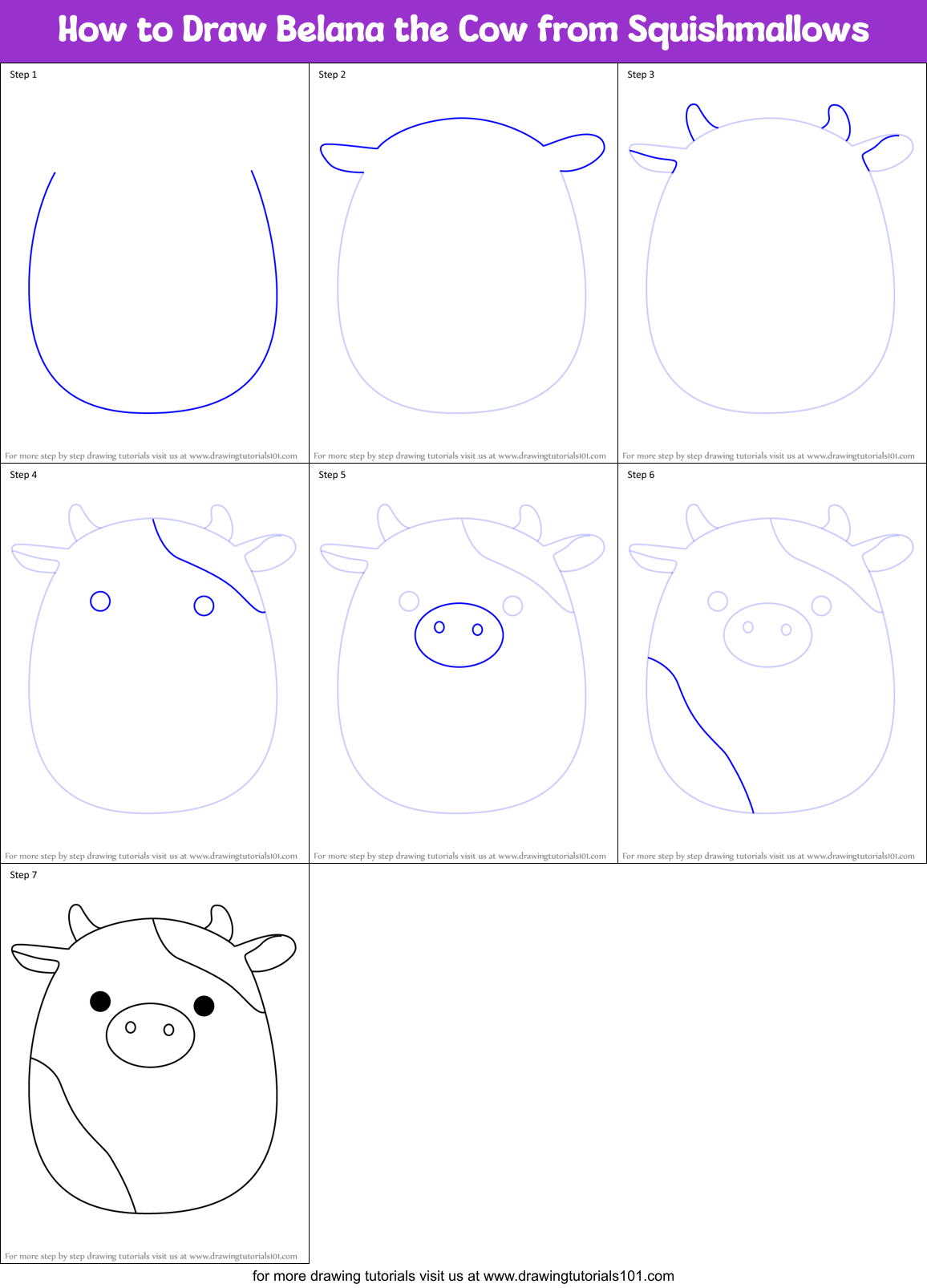 How to Draw Belana the Cow from Squishmallows Printable Step by Step