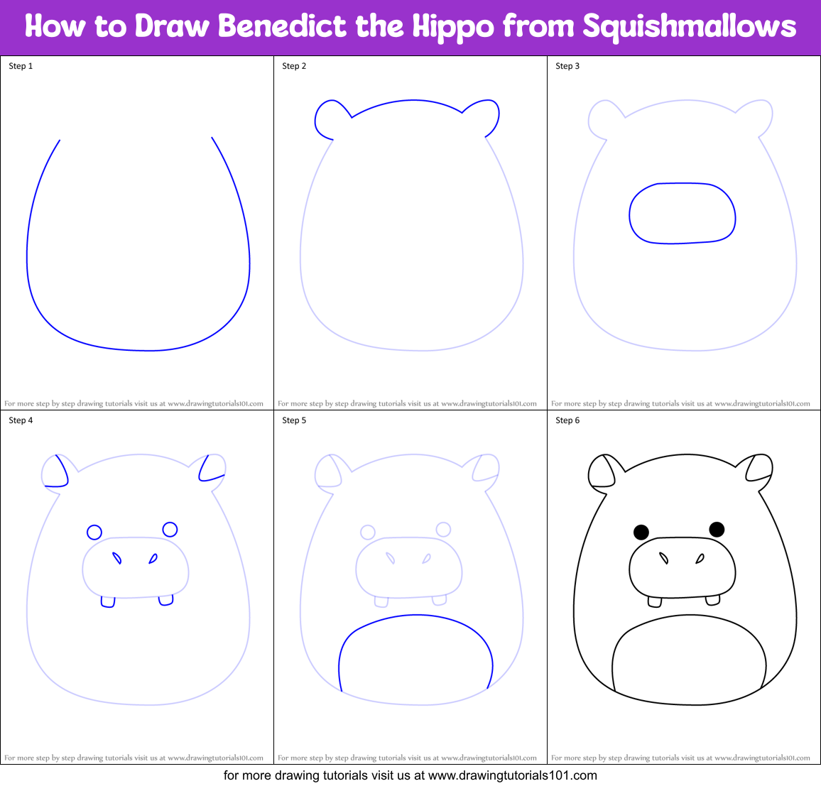 How to Draw Benedict the Hippo from Squishmallows Printable Step by Step