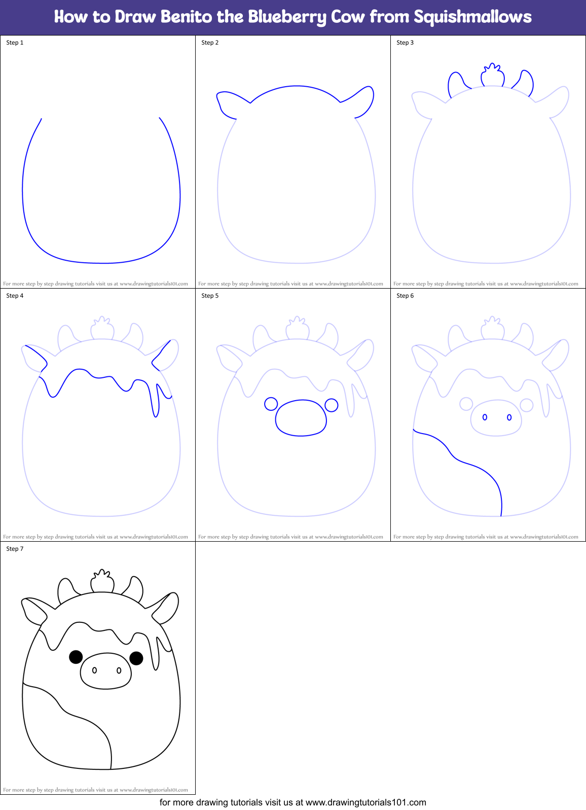 How to Draw Benito the Blueberry Cow from Squishmallows Printable Step by Step