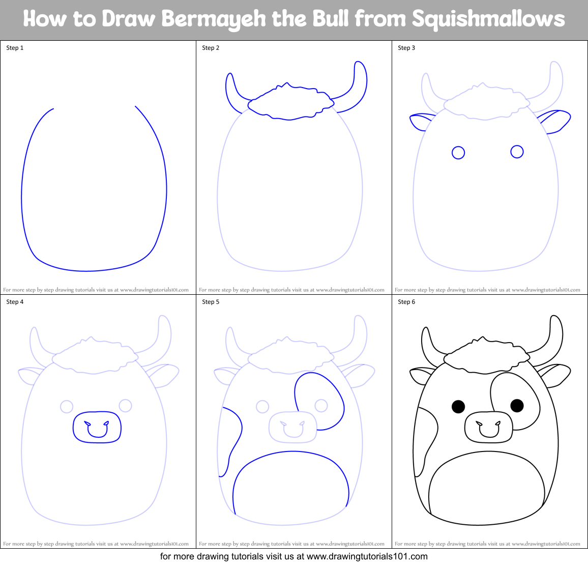 How to Draw Bermayeh the Bull from Squishmallows Printable Step by Step