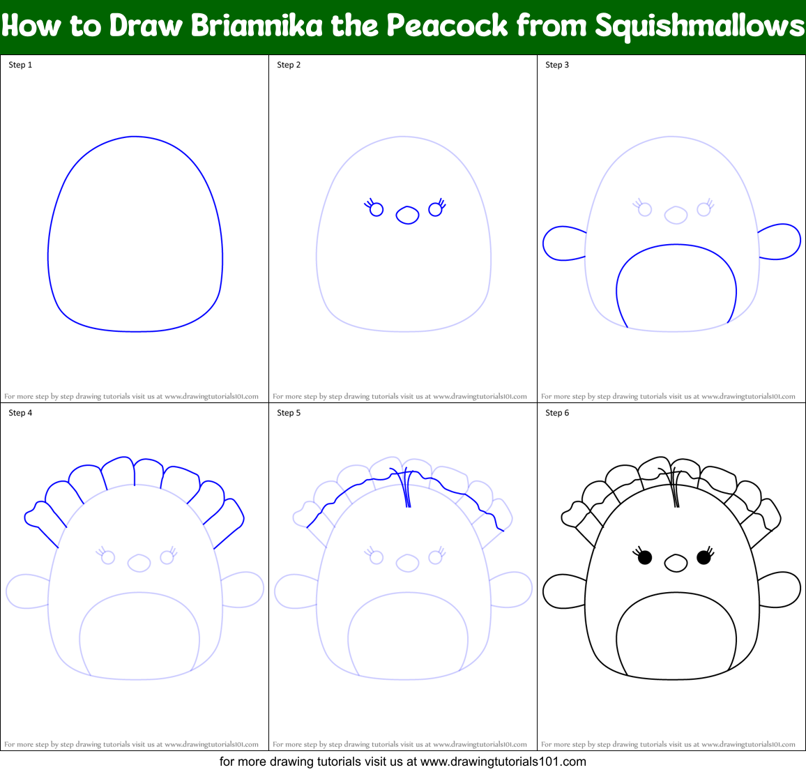 How to Draw Briannika the Peacock from Squishmallows Printable Step by Step