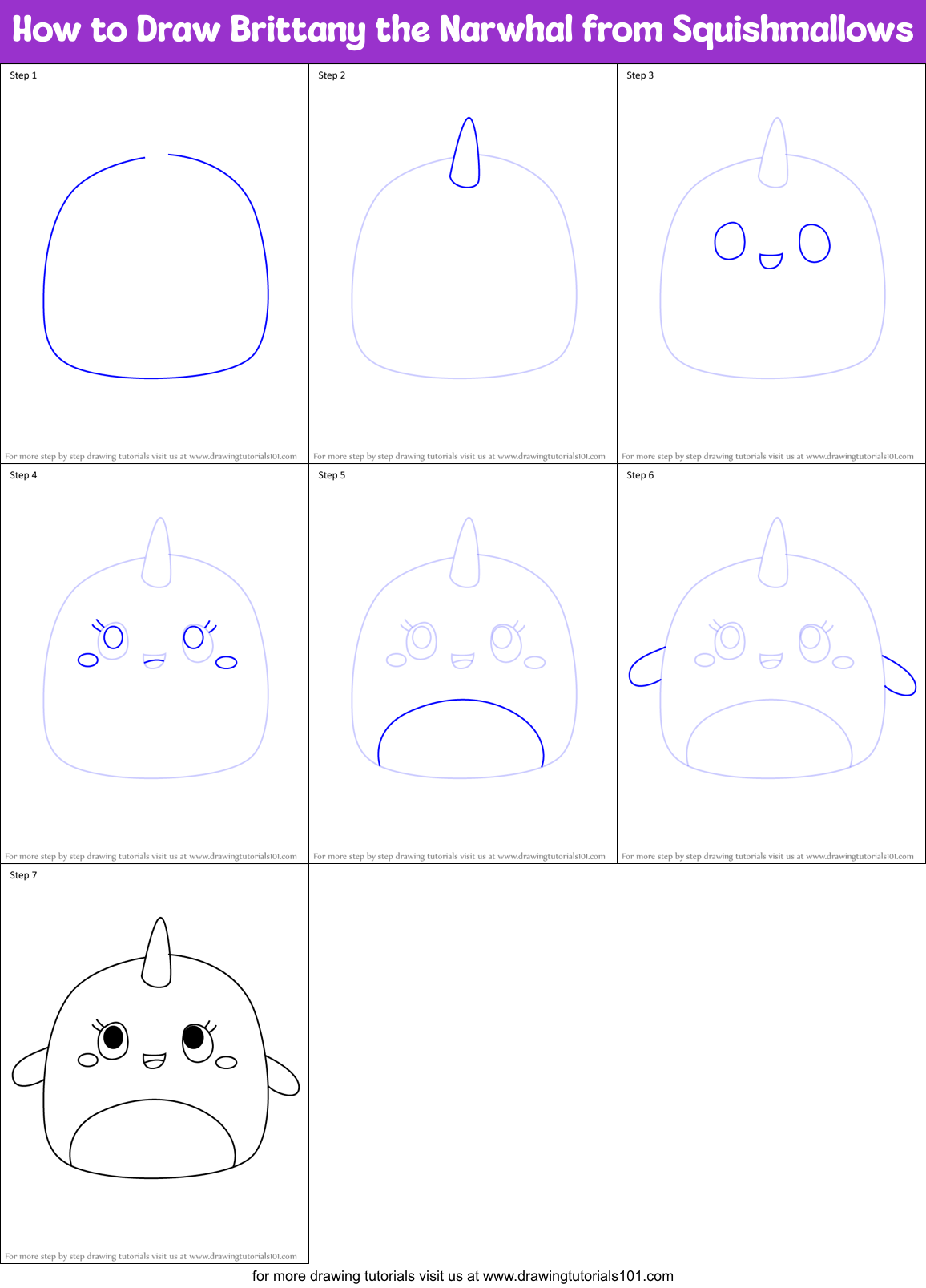 How to Draw Brittany the Narwhal from Squishmallows Printable Step by Step