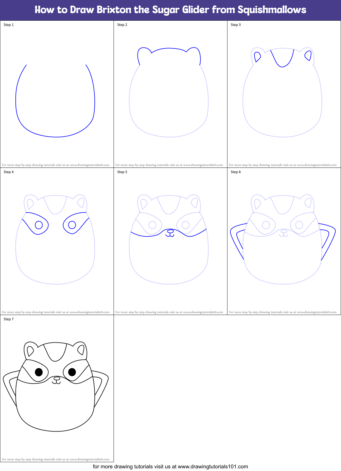 How to Draw Brixton the Sugar Glider from Squishmallows Printable Step by Step