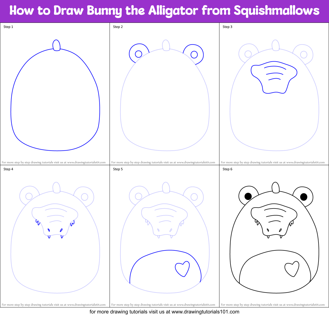 How to Draw Bunny the Alligator from Squishmallows Printable Step by Step