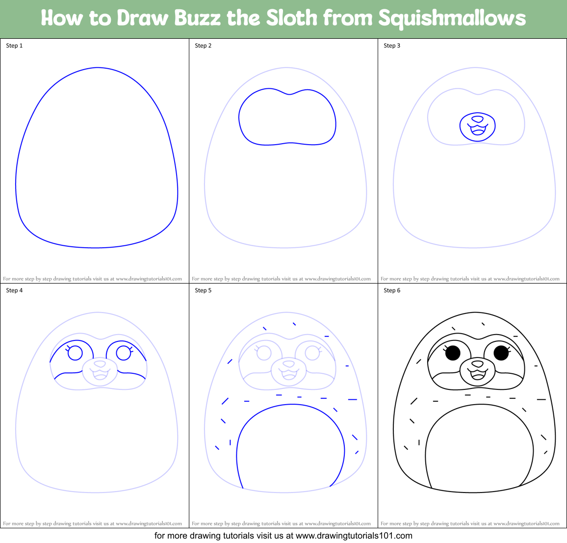How to Draw Buzz the Sloth from Squishmallows Printable Step by Step