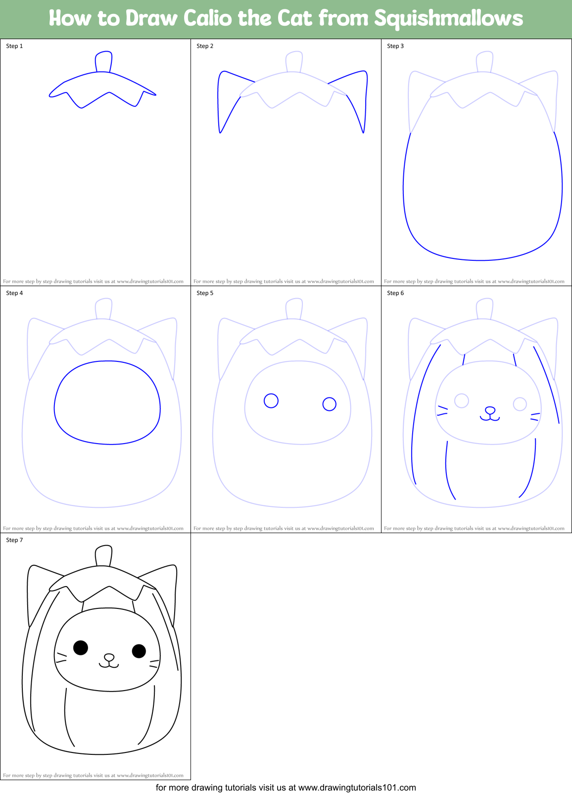 How to Draw Calio the Cat from Squishmallows Printable Step by Step