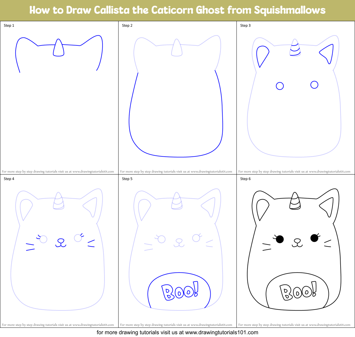 How to Draw Callista the Caticorn Ghost from Squishmallows Printable Step by Step