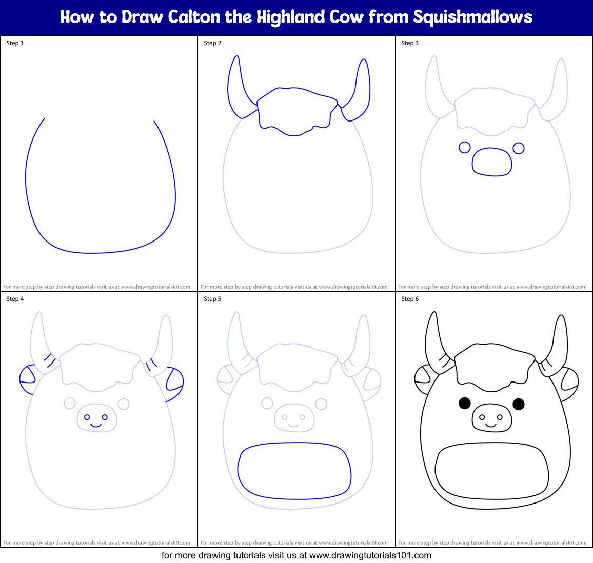 How to Draw Calton the Highland Cow from Squishmallows Printable Step by Step