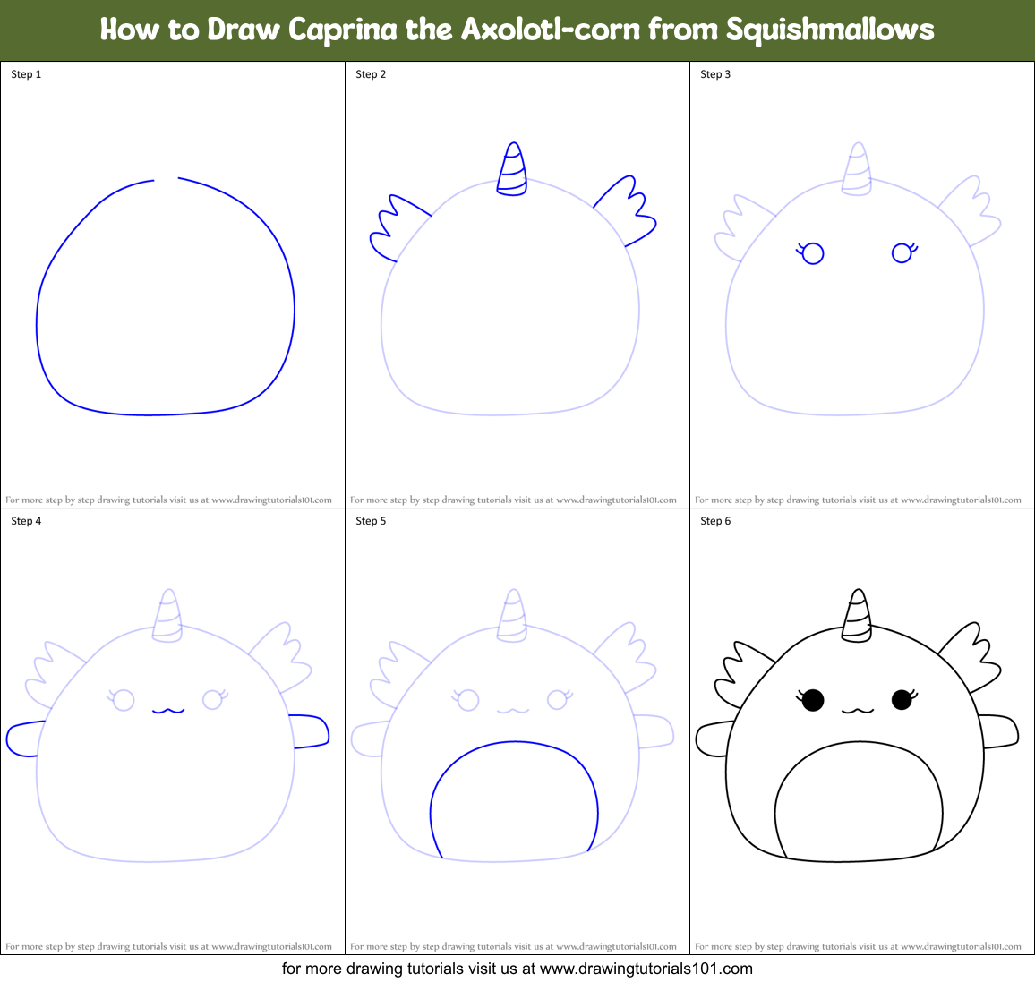How to Draw Caprina the Axolotl-corn from Squishmallows Printable Step by Step