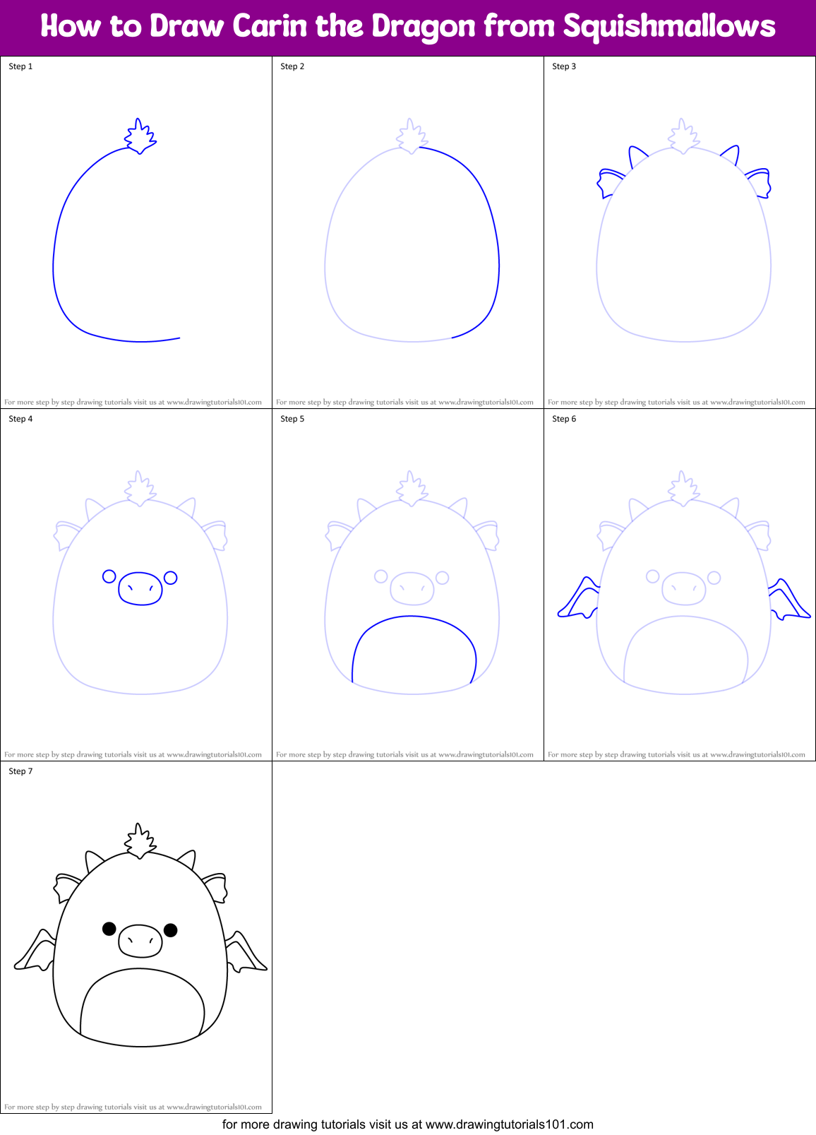 How to Draw Carin the Dragon from Squishmallows Printable Step by Step