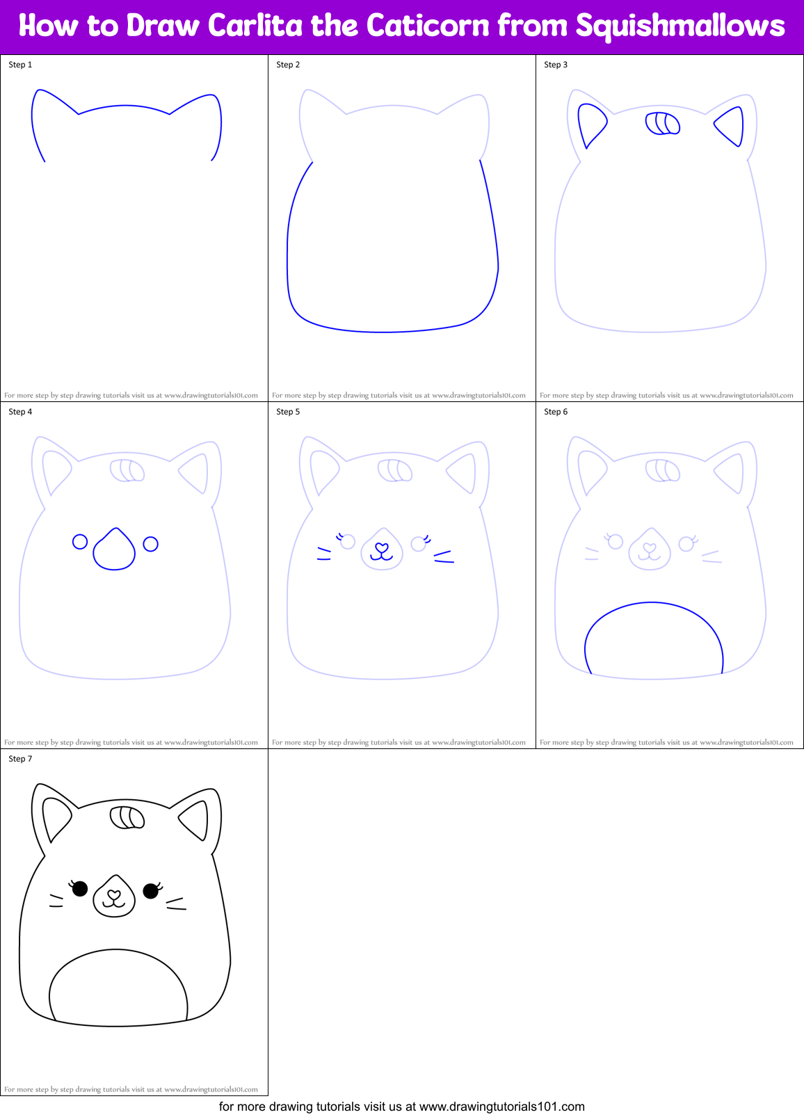 How to Draw Carlita the Caticorn from Squishmallows Printable Step by Step