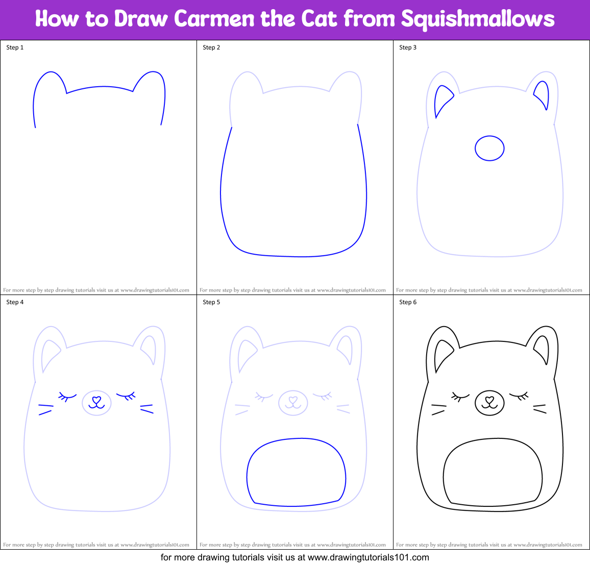 How to Draw Carmen the Cat from Squishmallows Printable Step by Step