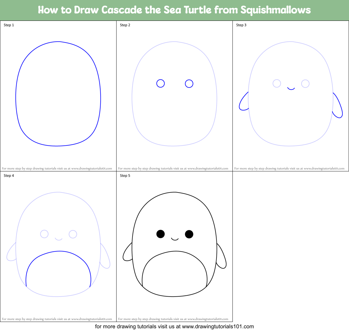 How to Draw Cascade the Sea Turtle from Squishmallows Printable Step by Step
