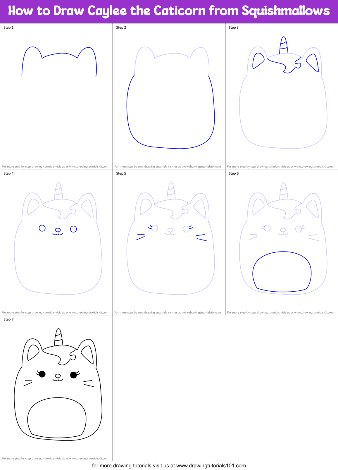 How to Draw Caylee the Caticorn from Squishmallows Printable Step by Step