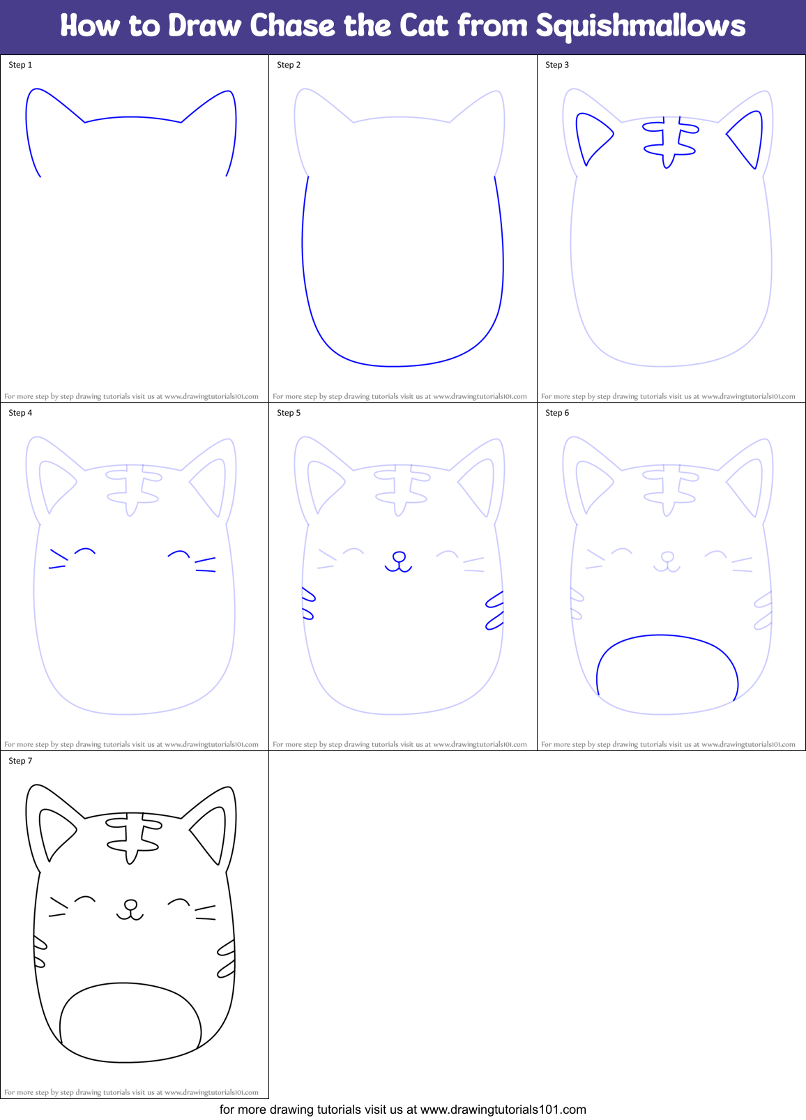 How to Draw Chase the Cat from Squishmallows Printable Step by Step