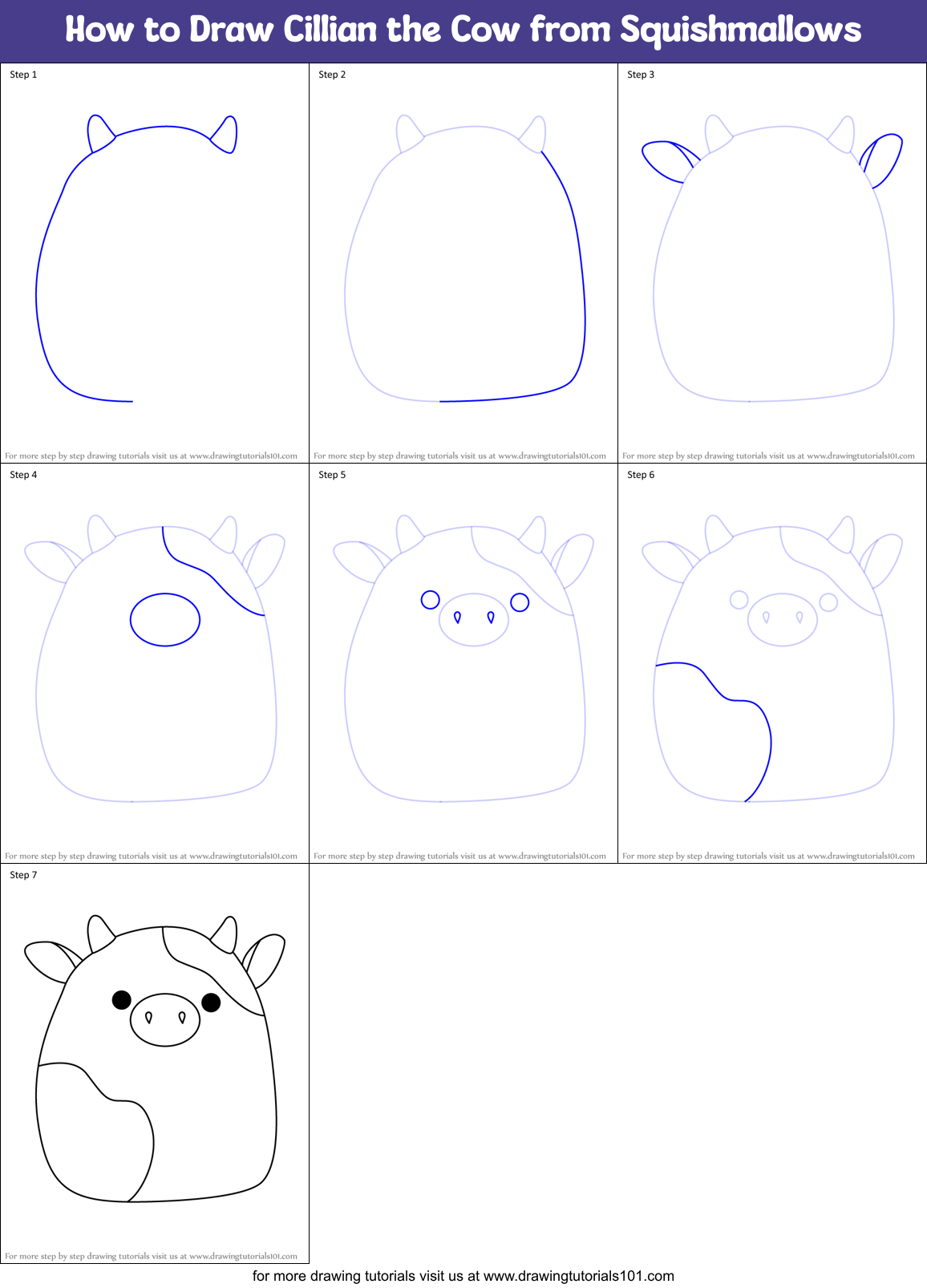 How to Draw Cillian the Cow from Squishmallows Printable Step by Step