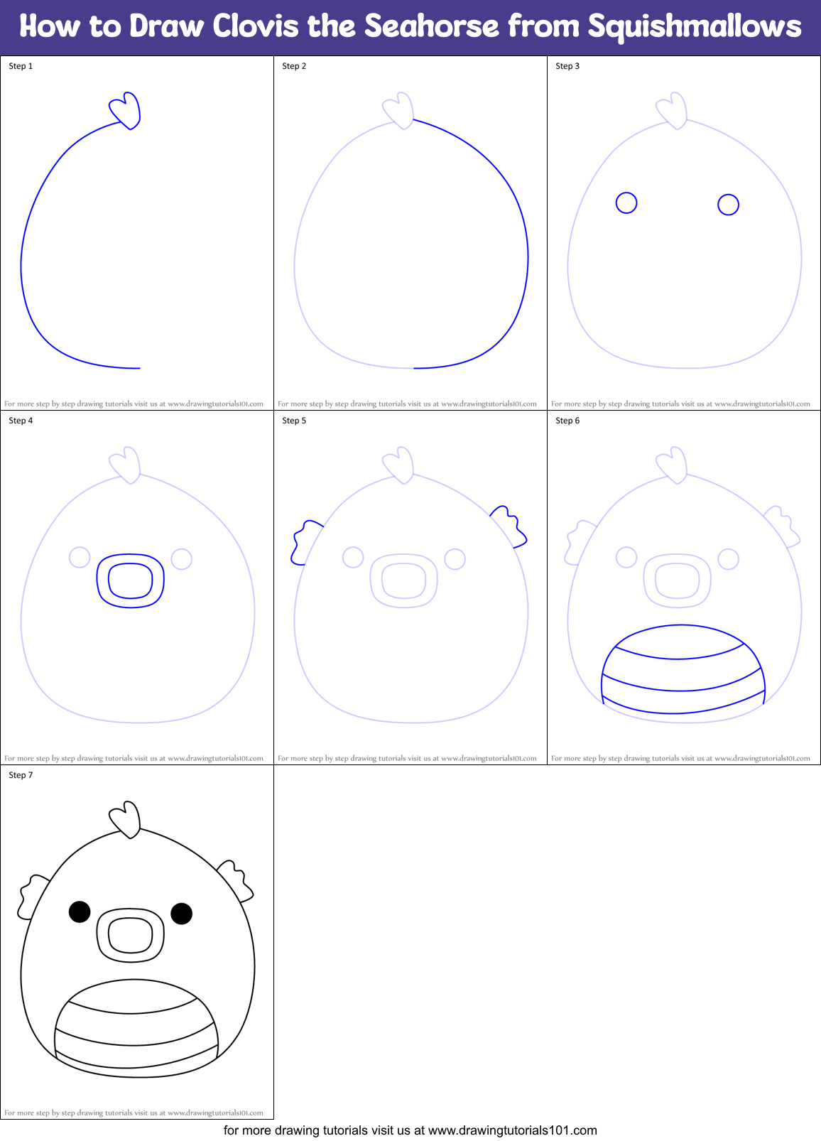 How to Draw Clovis the Seahorse from Squishmallows Printable Step by Step