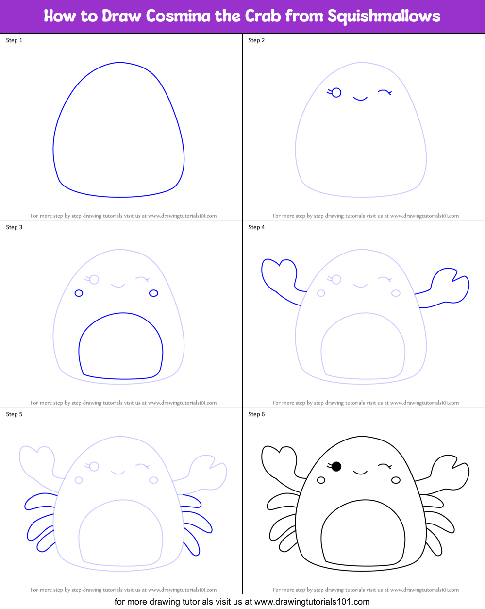 How to Draw Cosmina the Crab from Squishmallows Printable Step by Step